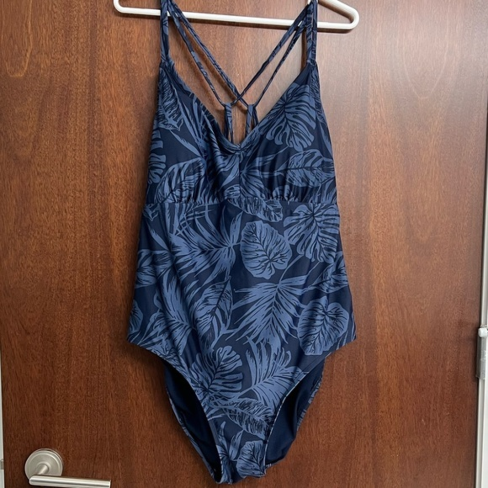 Kona Sol Navy Blue Tropical One Piece Swimsuit